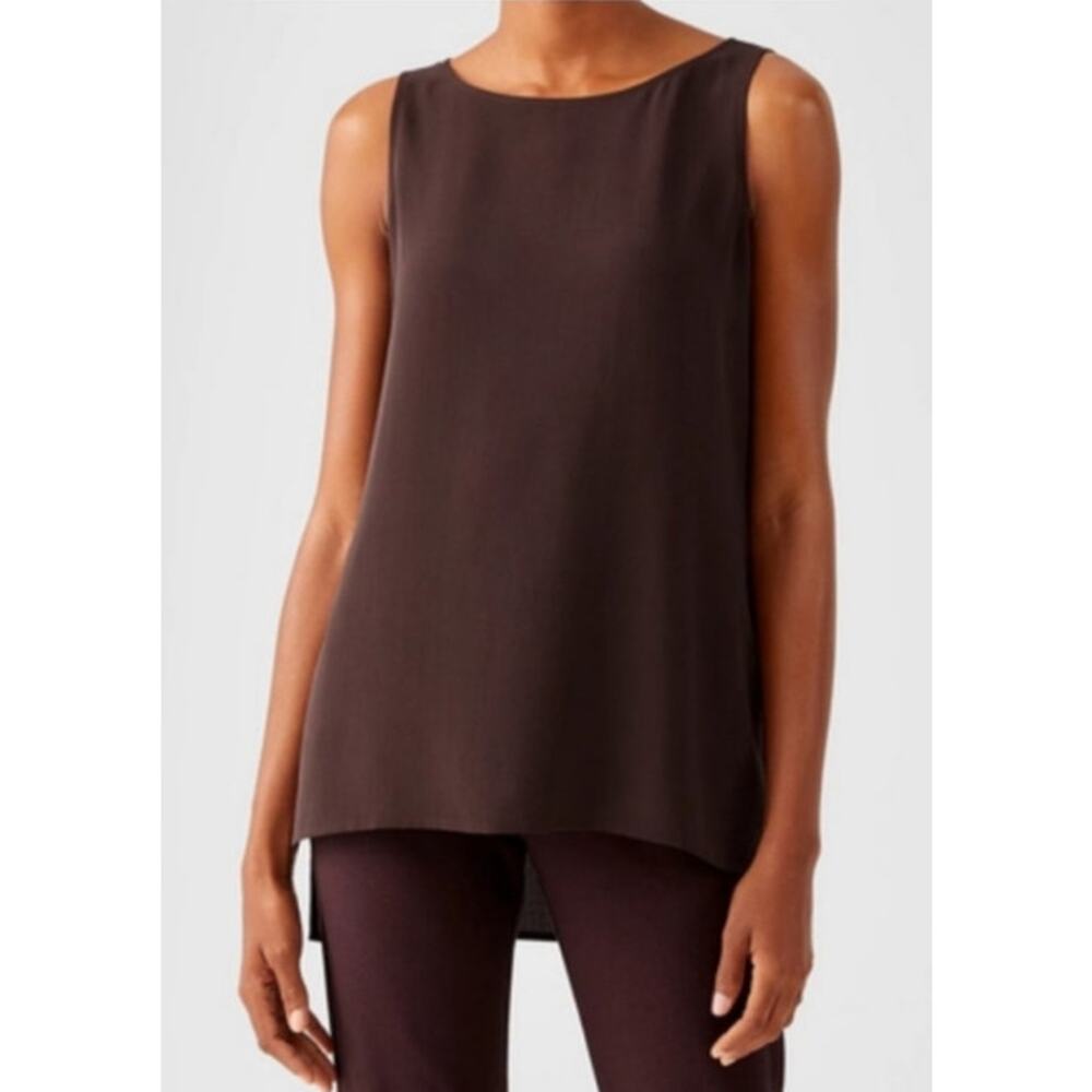 Eileen Fisher Silk Brown Scoop Neck Minimalist Loose Fit Sleeveless Tank Top XL